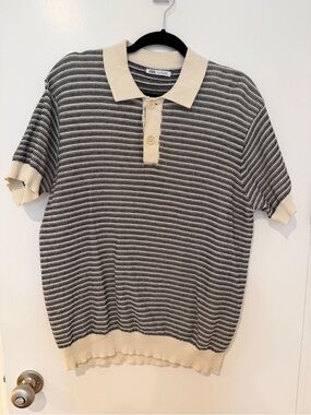 Zara Cream & Black Striped Collar V-Neck Short-Sleeve Sweater
